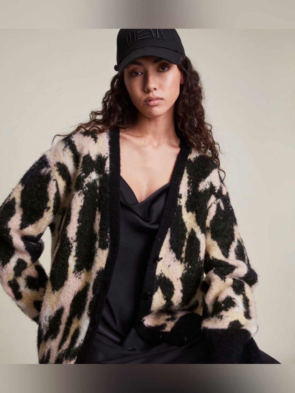 AllSaints Lunar Wool Aplaca Blend Cardigan Black Cream Oversized Sweater